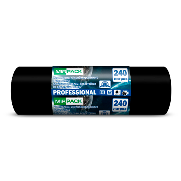 Мешки ПВД "PROFESSIONAL" 240 л. 93*130, 35 мкм, 10 штук в рулоне, черные (14 рул/кор)