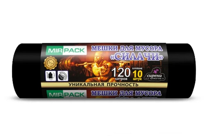 Мешки ПВД "СИЛАЧИ" 120 л. 70х110, 35 мкм, 10 штук в рулоне, черные (15 рул/кор) 