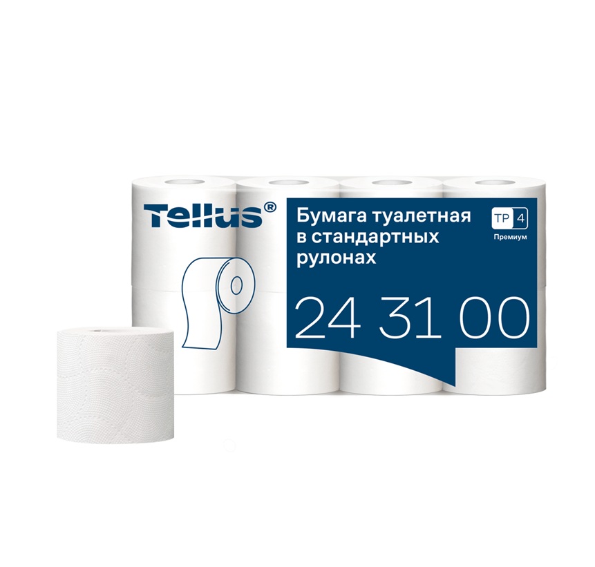 Туалетная бумага Tellus в стандартных рулонах ультрамягкая, премиум, 3 сл., 243100